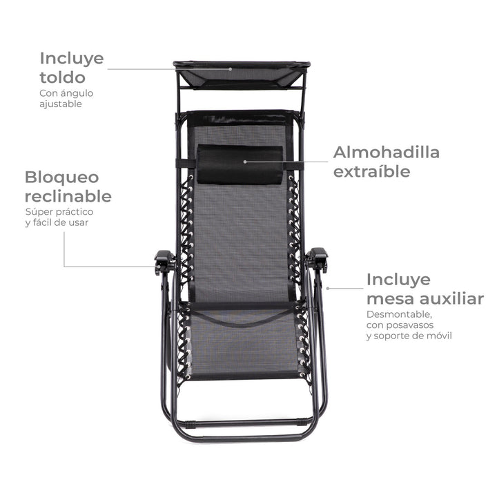 Set 2 Sillas Camastro Con Toldo Negro