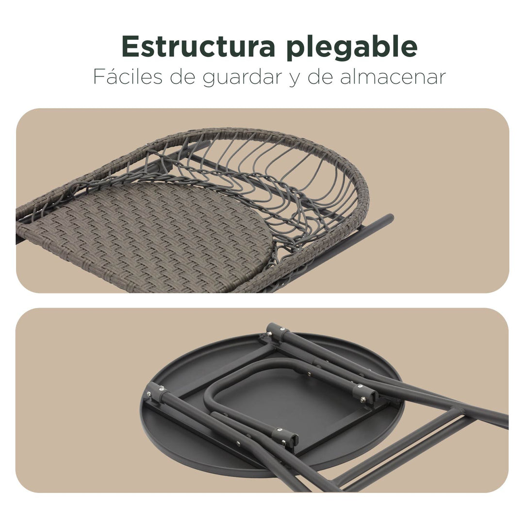 Set 2 Sillas de Ratán Sintético Gris + Mesa Auxiliar Redonda Plegables