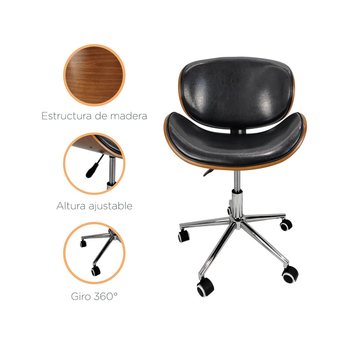 Silla de Oficina de Cuero Sintético y Madera Negra
