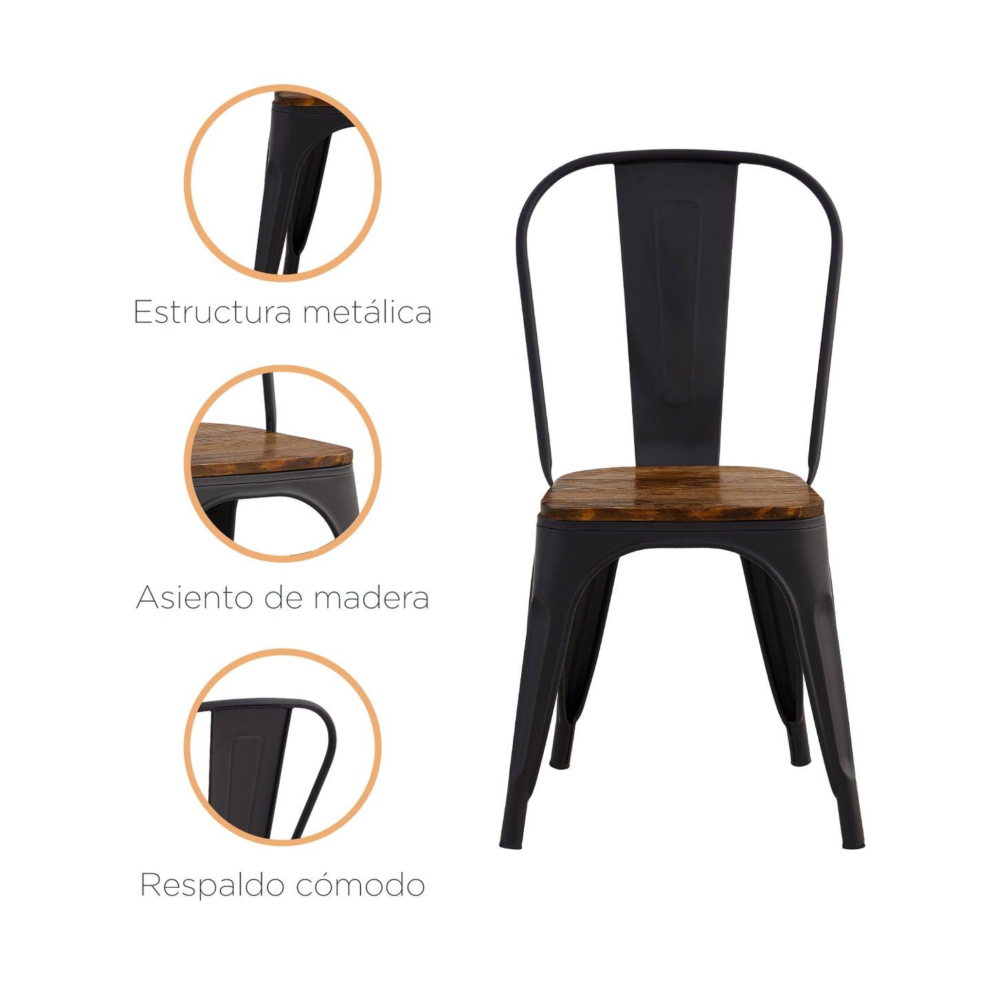 Set 4 Sillas de Comedor Tolix Estilo Industrial Negras