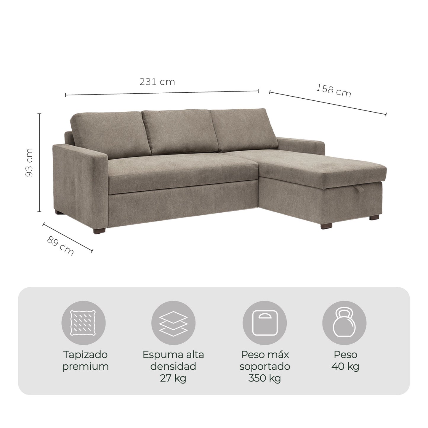 Sofá Cama Modular Valencia 3 Plazas Taupe