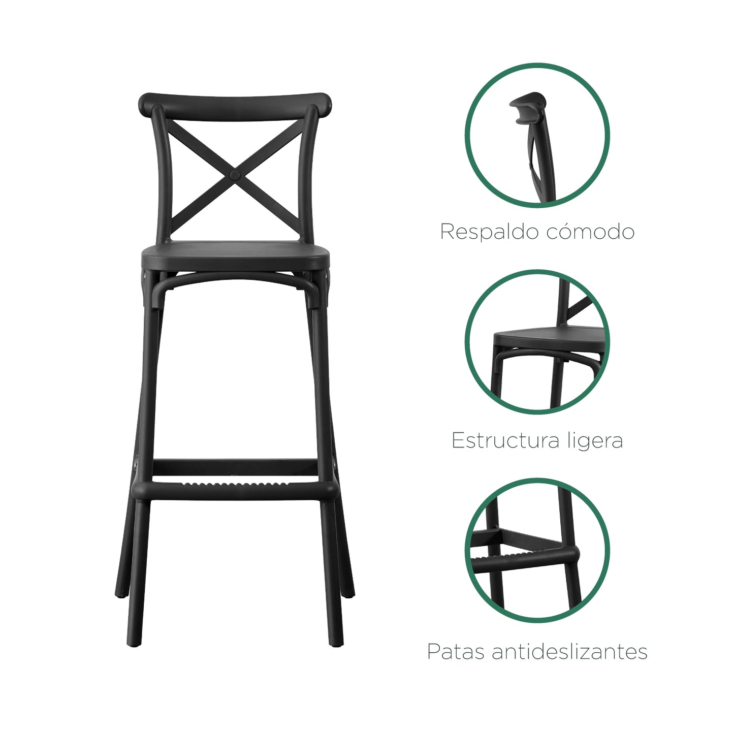 Set 4 Bancos Altos de Plástico Apto Exterior Negro