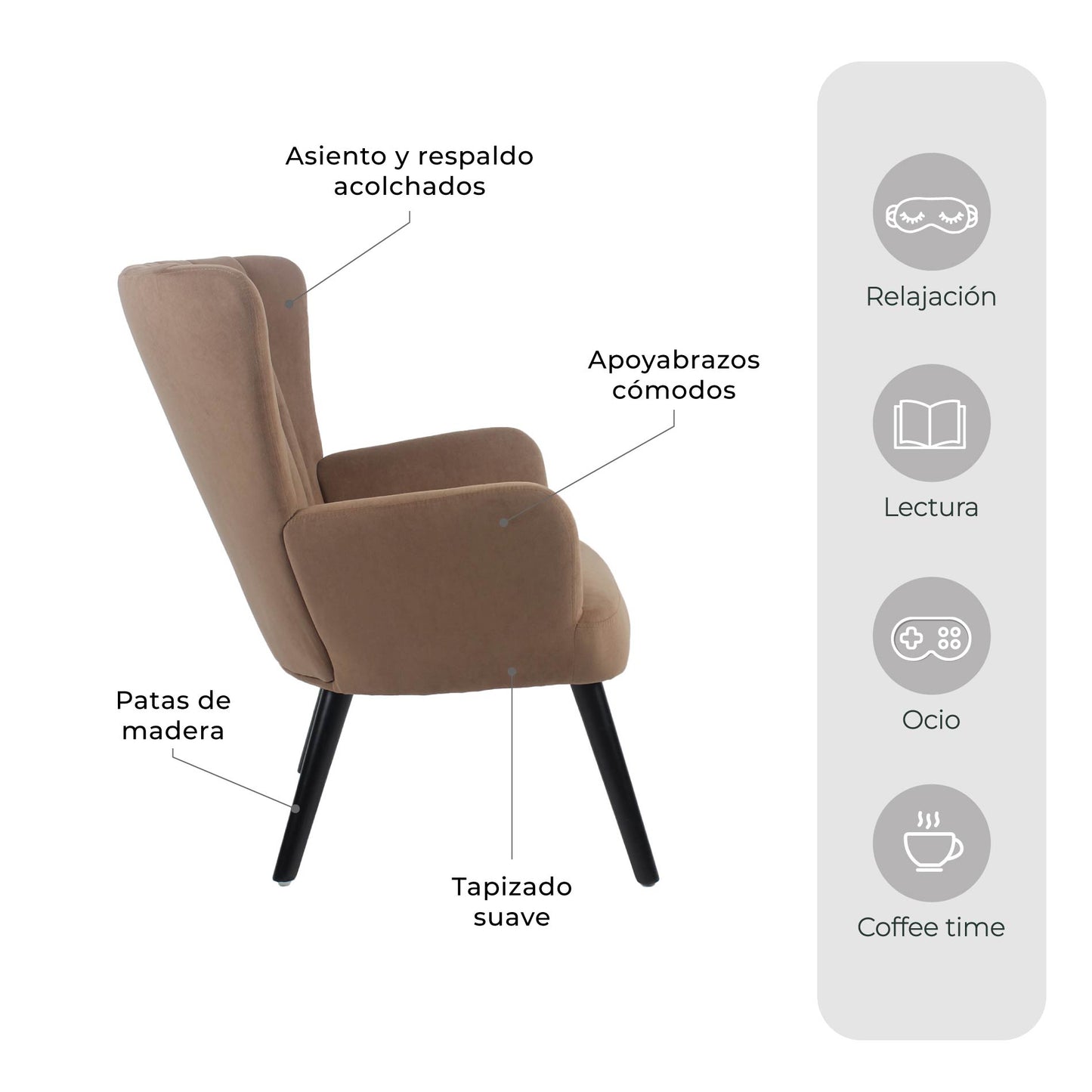 Sillón Individual para Sala Comedor Terciopelo Café