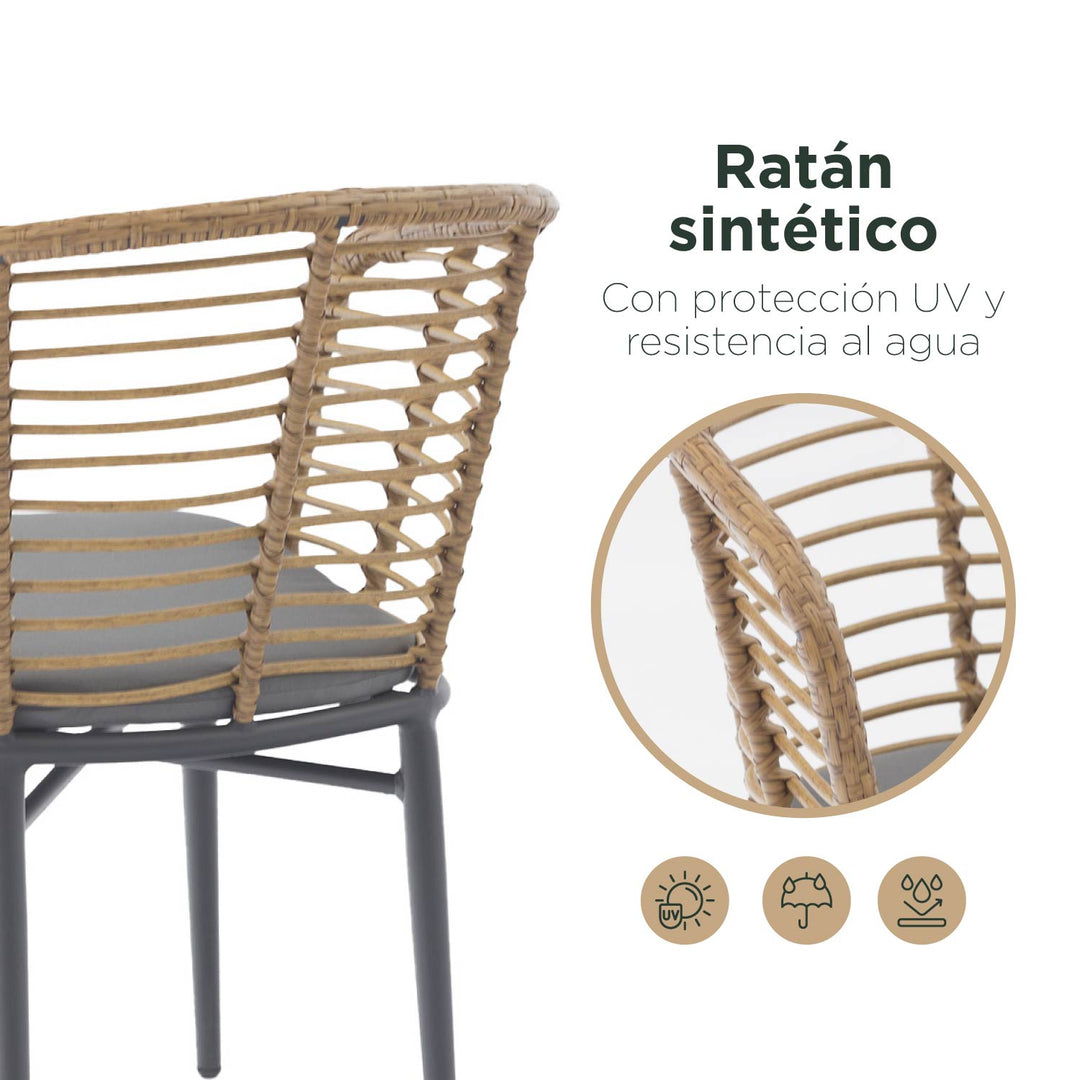 Set 4 Sillas de Exterior con Respaldo de Ratán y Cojín Café y Gris