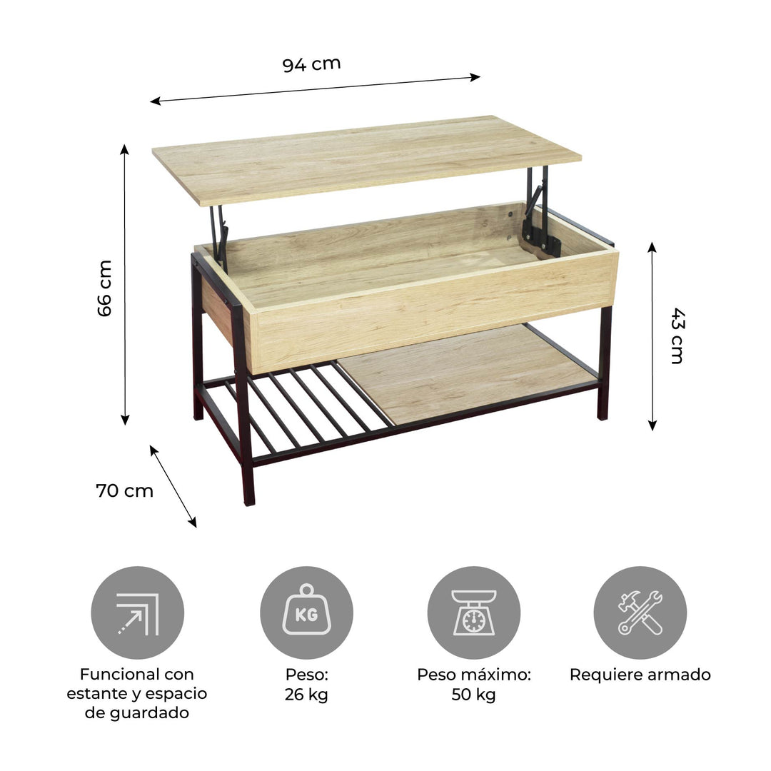 Mesa de Centro Elevable con Compartimento Interno Oculto