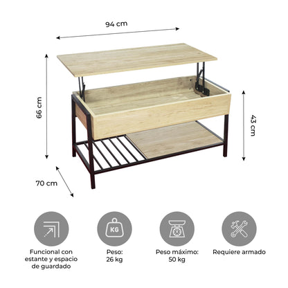 Mesa de Centro Elevable con Compartimento Interno Oculto