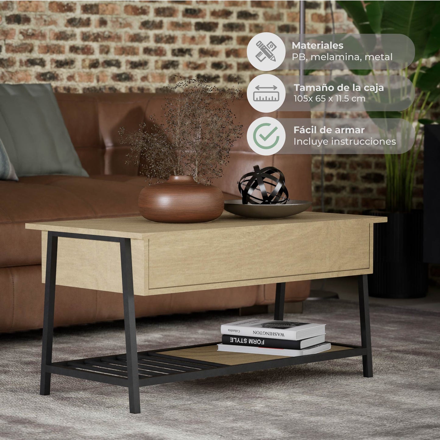 Mesa de Centro Elevable con Compartimento Interno Oculto