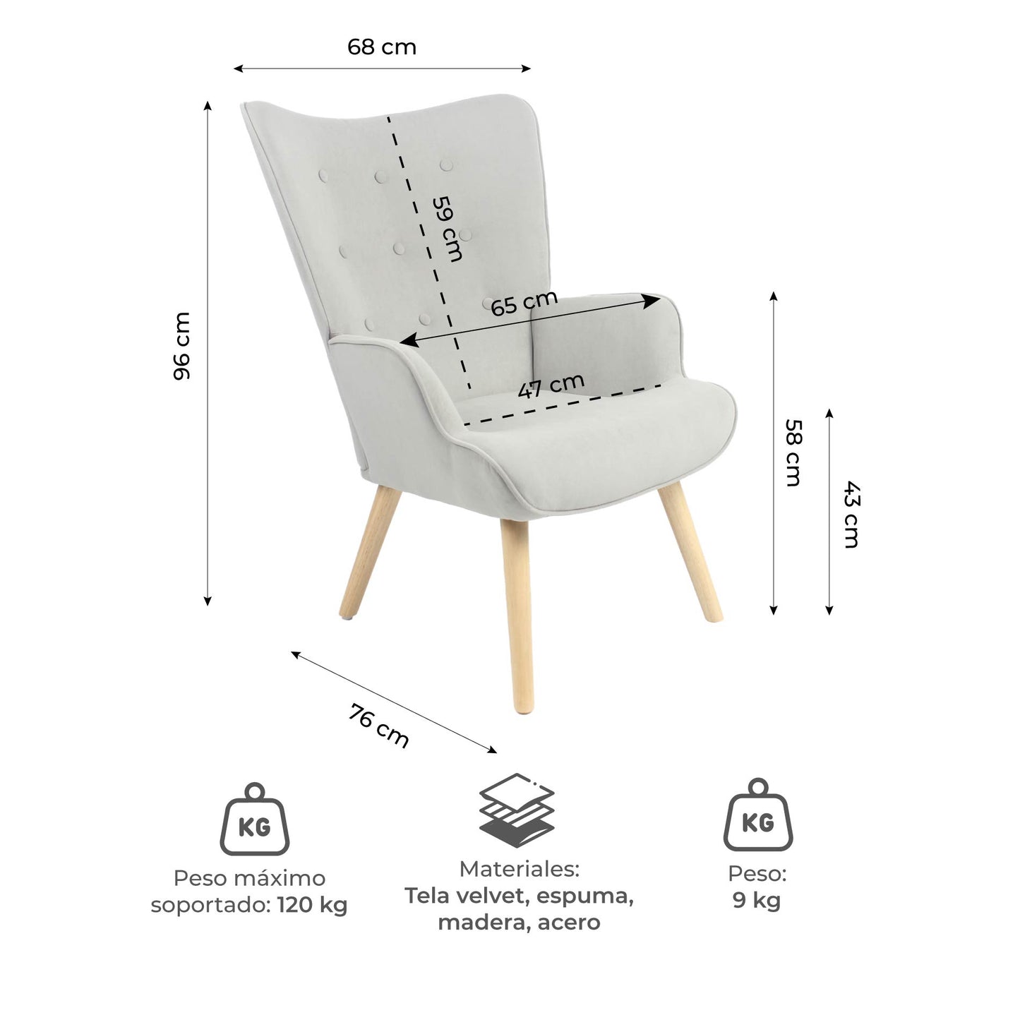 Sillón Individual para Sala Comedor Terciopelo Gris