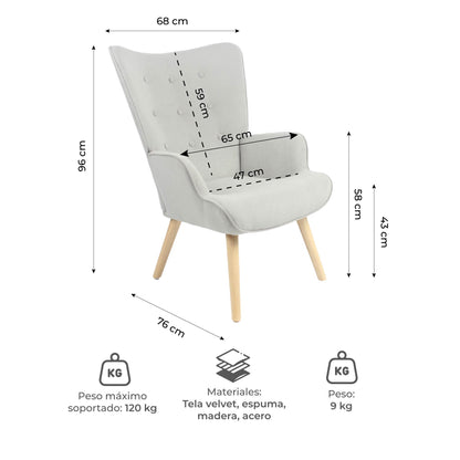 Sillón Individual para Sala Comedor Terciopelo Gris