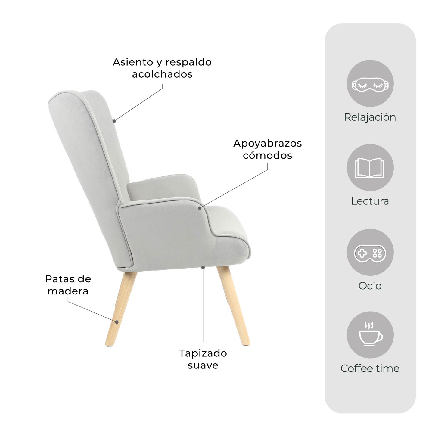 Sillón Individual para Sala Comedor Terciopelo Gris