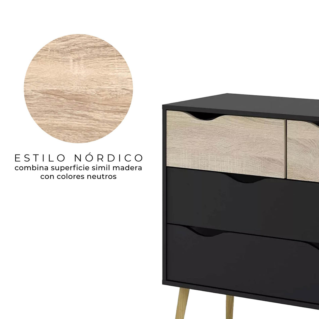 Combo Recámara Nórdica Black: 2 Burós + Cómoda