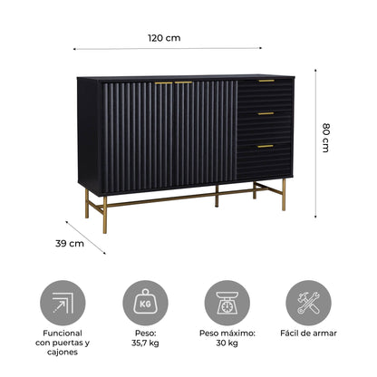 Credenza Bufetera con Puertas y Cajones Diseño Acanalado Negro y Dorado