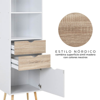 Librero Vertical Nórdico con Estantes y Cajones