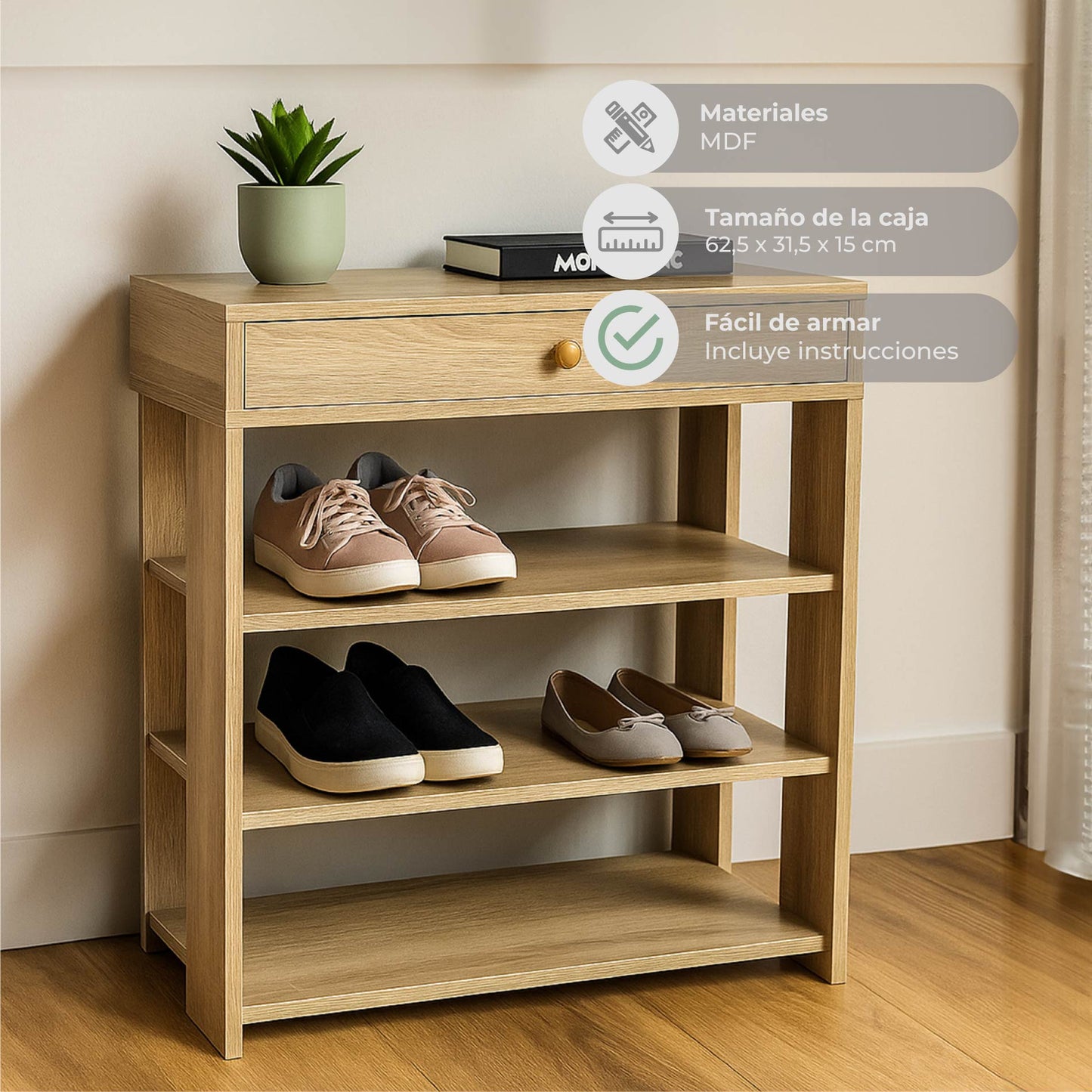 Zapatero Con Cajón Minimalista Estilo Madera Roble