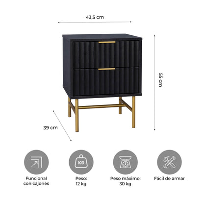 Buró Moderno Diseño Acanalado con 2 Cajones Negro y Dorado