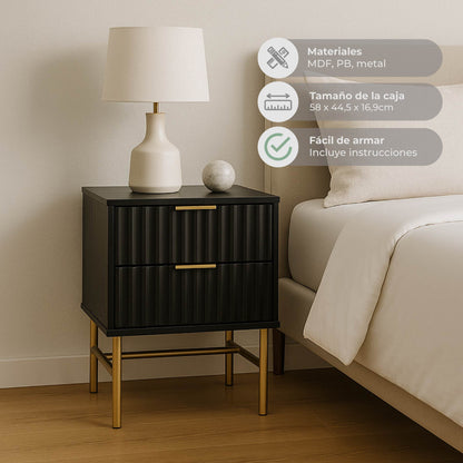 Buró Moderno Diseño Acanalado con 2 Cajones Negro y Dorado