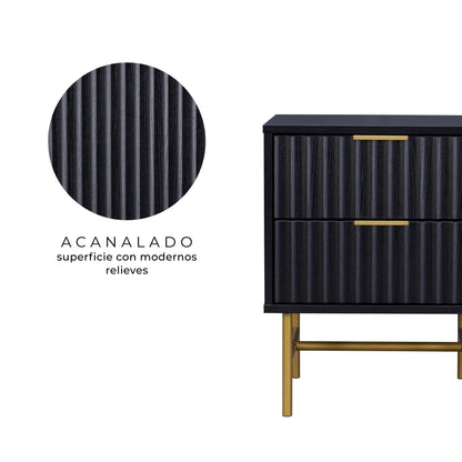 Buró Moderno Diseño Acanalado con 2 Cajones Negro y Dorado