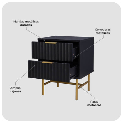 Buró Moderno Diseño Acanalado con 2 Cajones Negro y Dorado