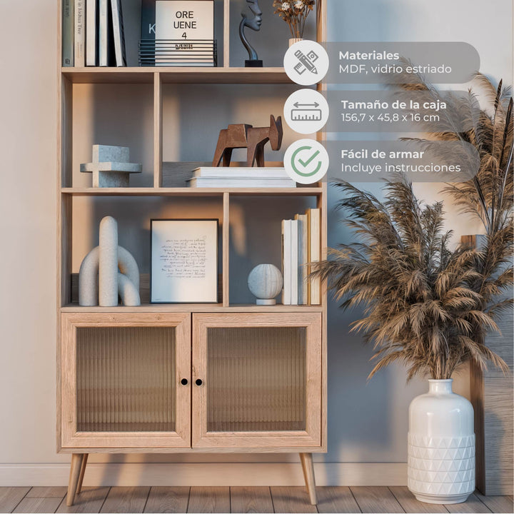 Librero Vertical con Estantes y Puertas de Vidrio