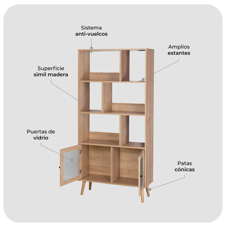 Librero Vertical con Estantes y Puertas de Vidrio