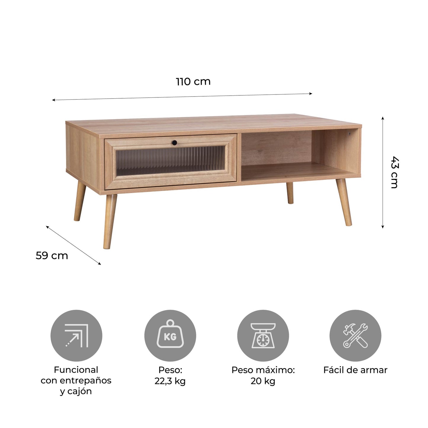 Mesa de Centro con Estante y Cajón de Vidrio