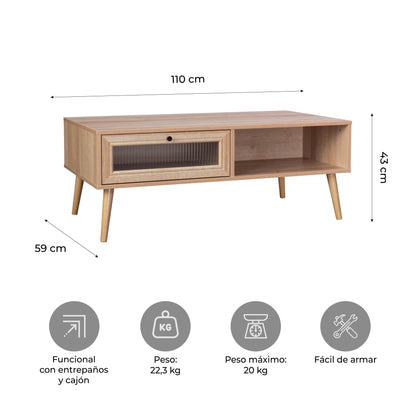 Mesa de Centro con Estante y Cajón de Vidrio
