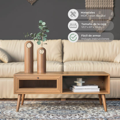 Mesa de Centro con Estante y Cajón de Vidrio