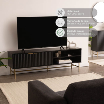 Mueble para TV Moderno Diseño Acanalado Negro y Dorado