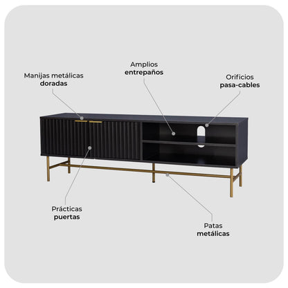 Mueble para TV Moderno Diseño Acanalado Negro y Dorado