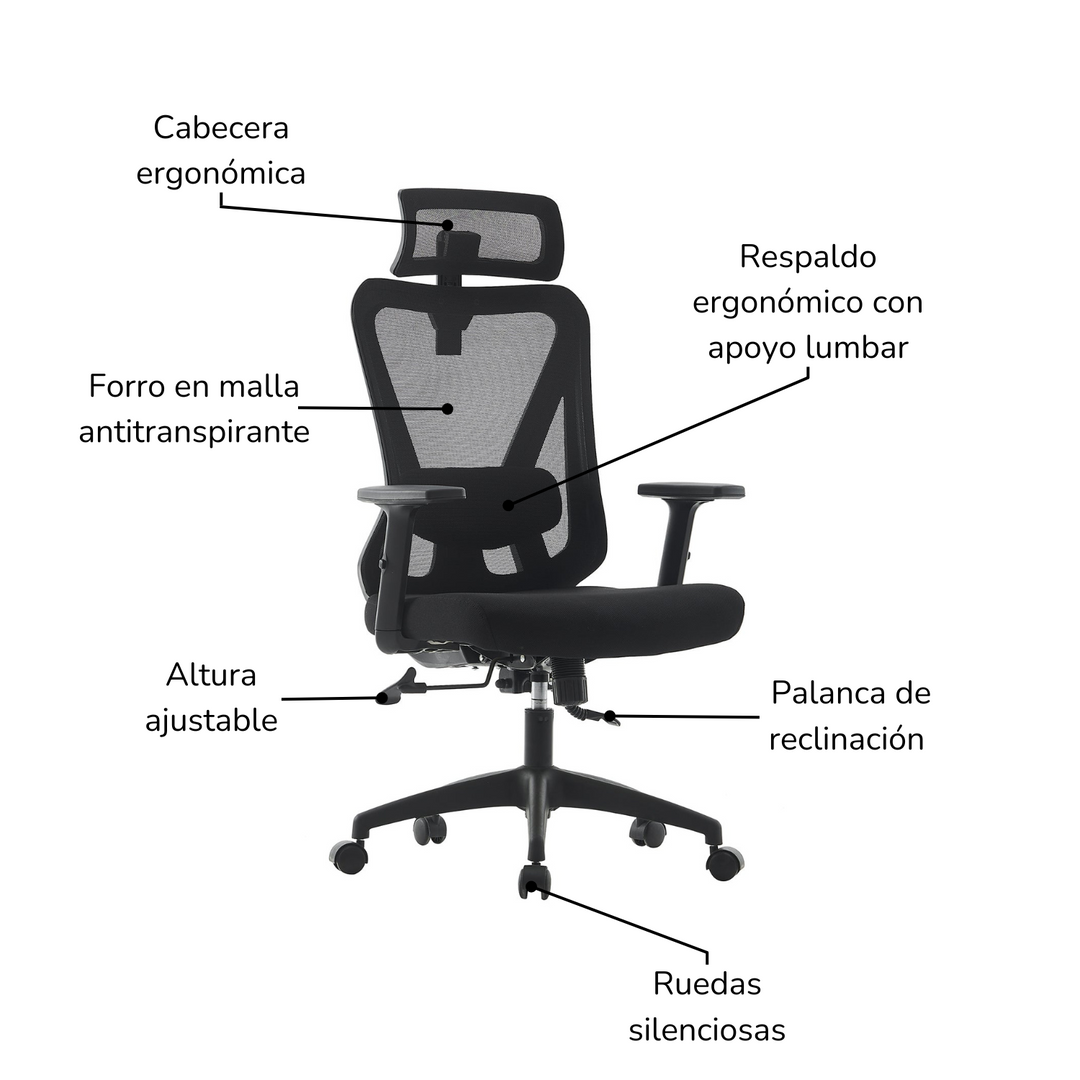 Silla de Oficina Ergonómica Reclinable con Cabecera