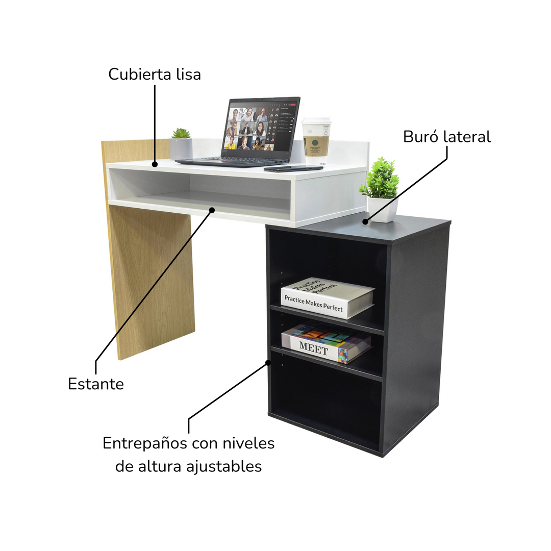 Combo Escritorio Escalonado + Silla de Oficina Gris