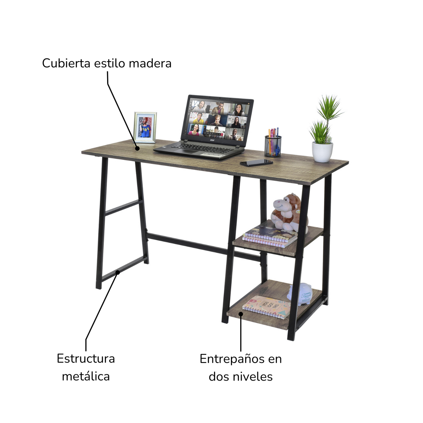 Escritorio Pino-N con 2 Entrepaños Laterales Café