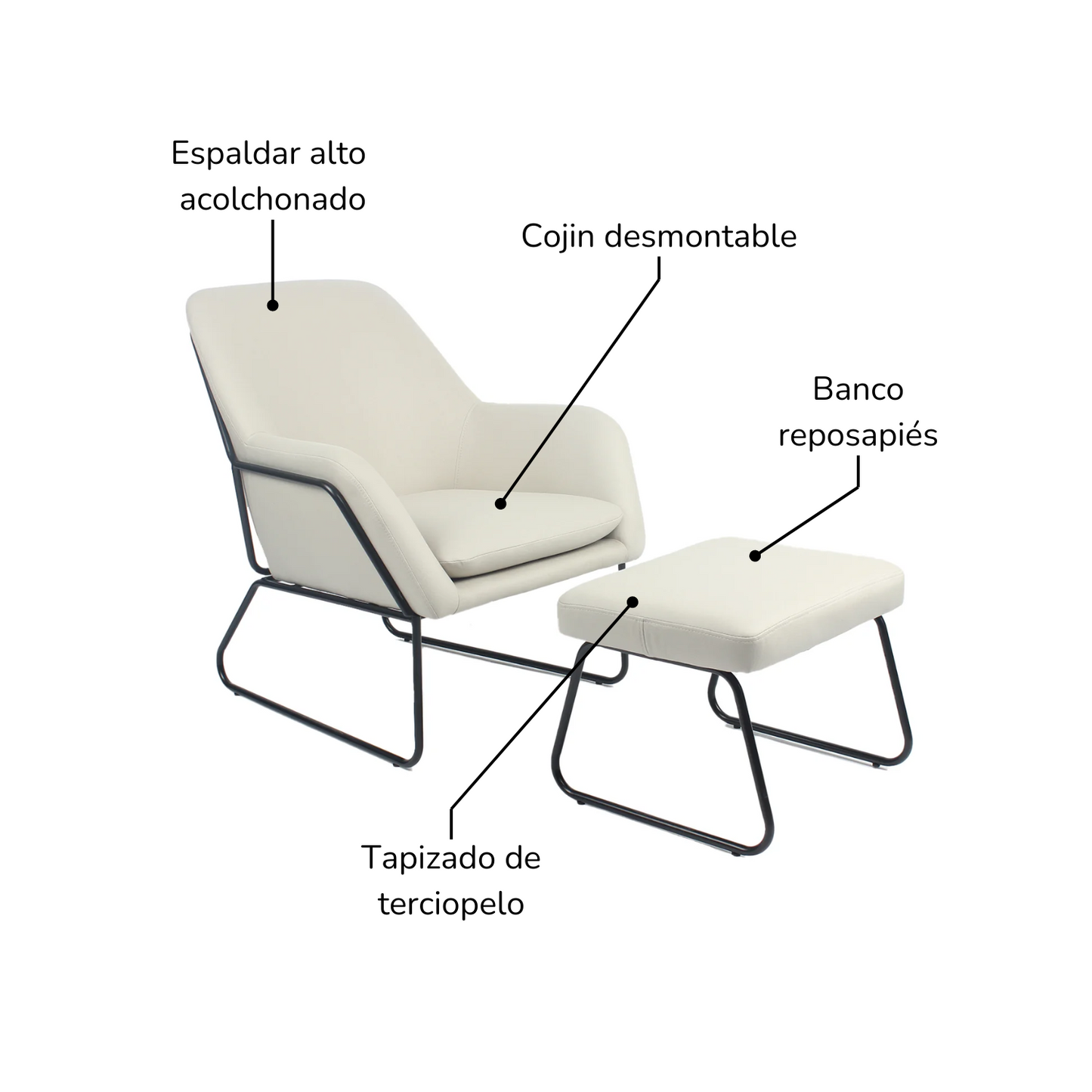 Sillón Individual con Taburete Reposapiés Terciopelo Beige