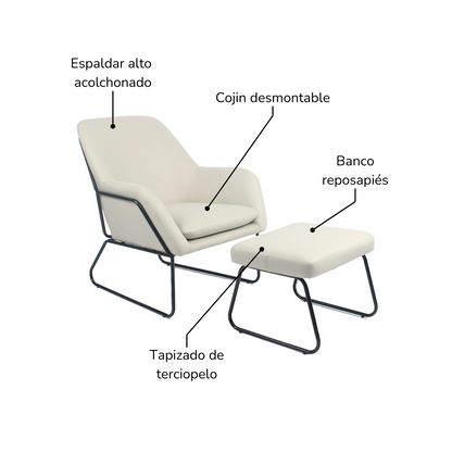 Sillón Individual con Taburete Reposapiés Terciopelo Beige