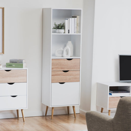 Librero Vertical Nórdico con Estantes y Cajones