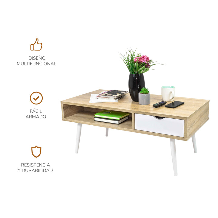 Mesa de Centro Lome con Cajón y Entrepaño Beige y Blanca
