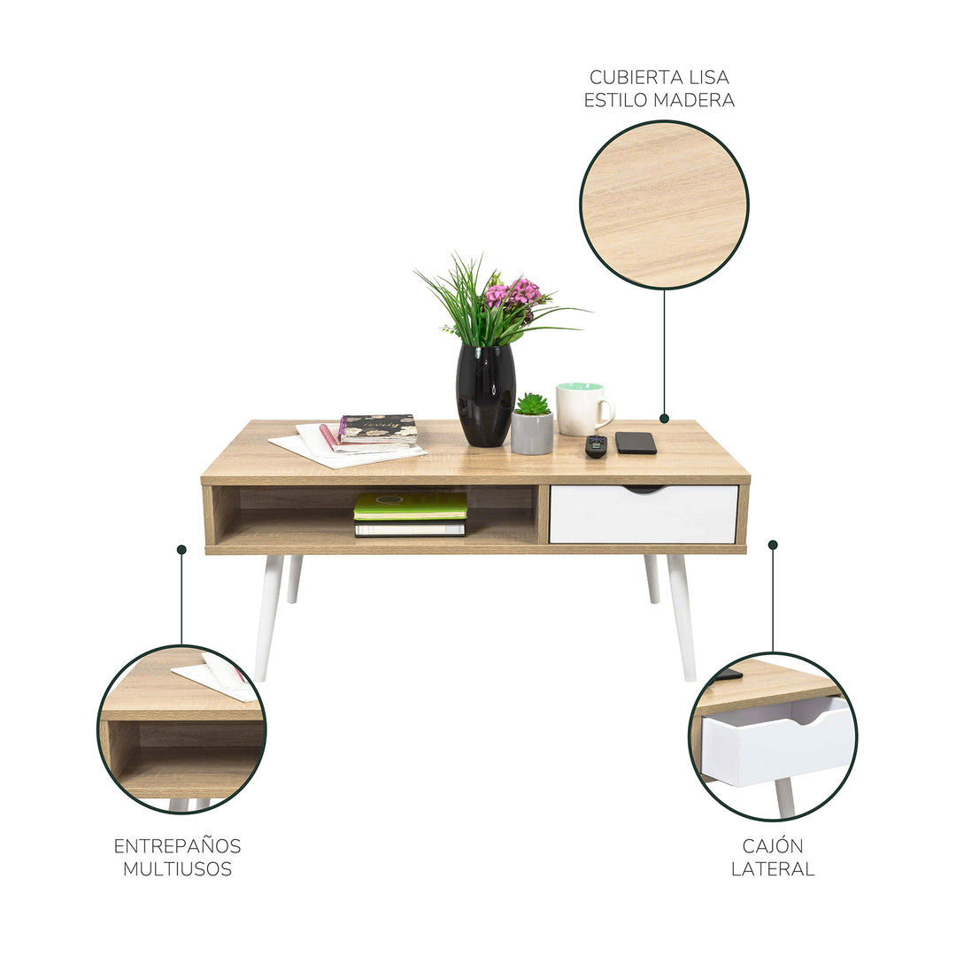 Mesa de Centro Lome con Cajón y Entrepaño Beige y Blanca