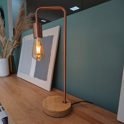Lámpara de Mesa LED Metálica Cobre Base Madera