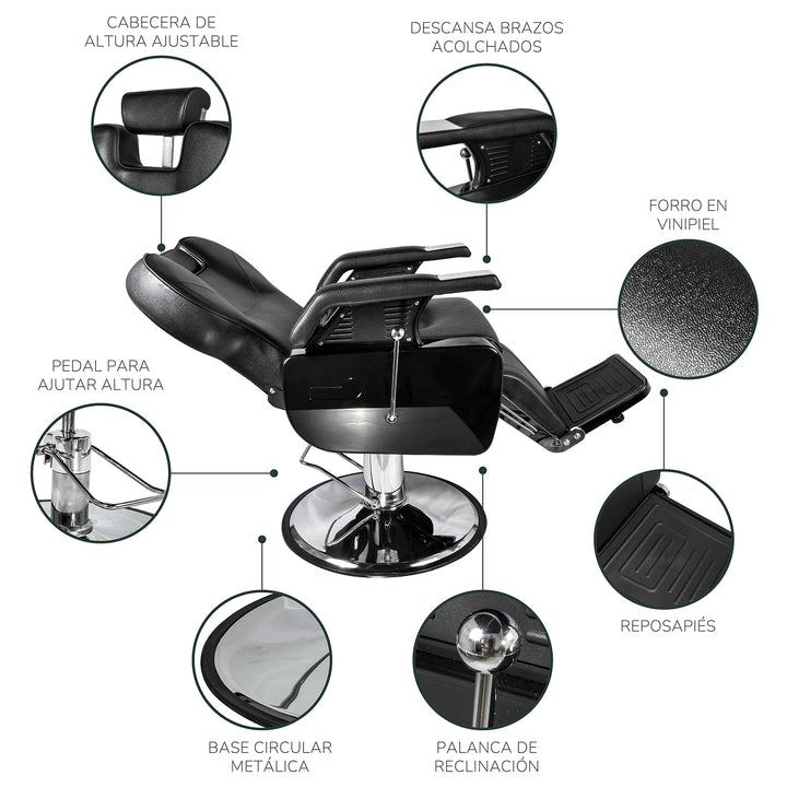 Silla Barbería Luxur Reclinable con Descansa Pies Negra