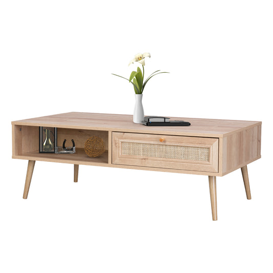 Mesa de Centro con Estante y Cajón de Ratán