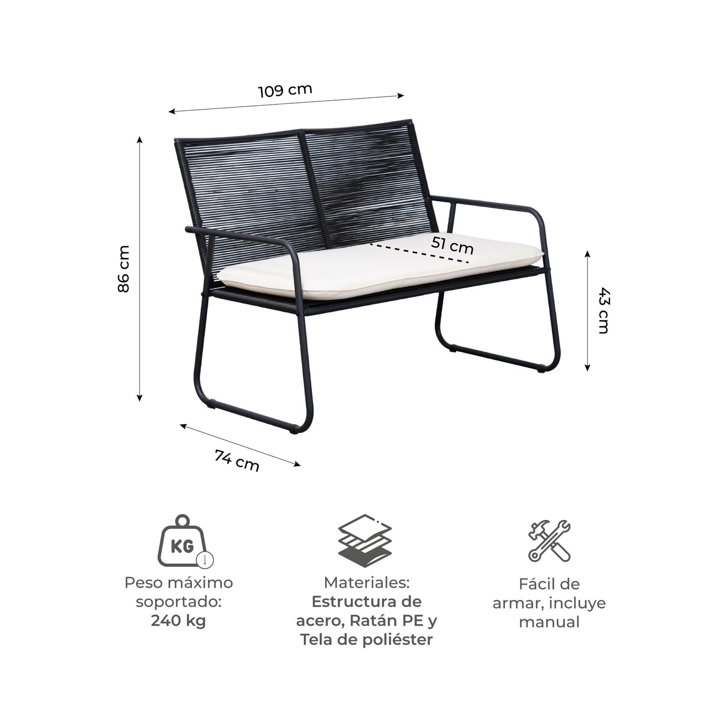 Set de Exterior Ruko Sillas + Sofá + Mesa de Centro