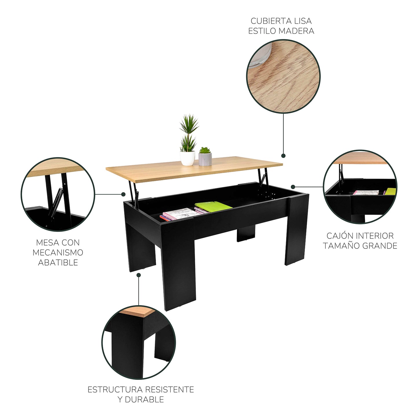 Mesa de Centro Nogal con Compartimento Interno Negro y Beige