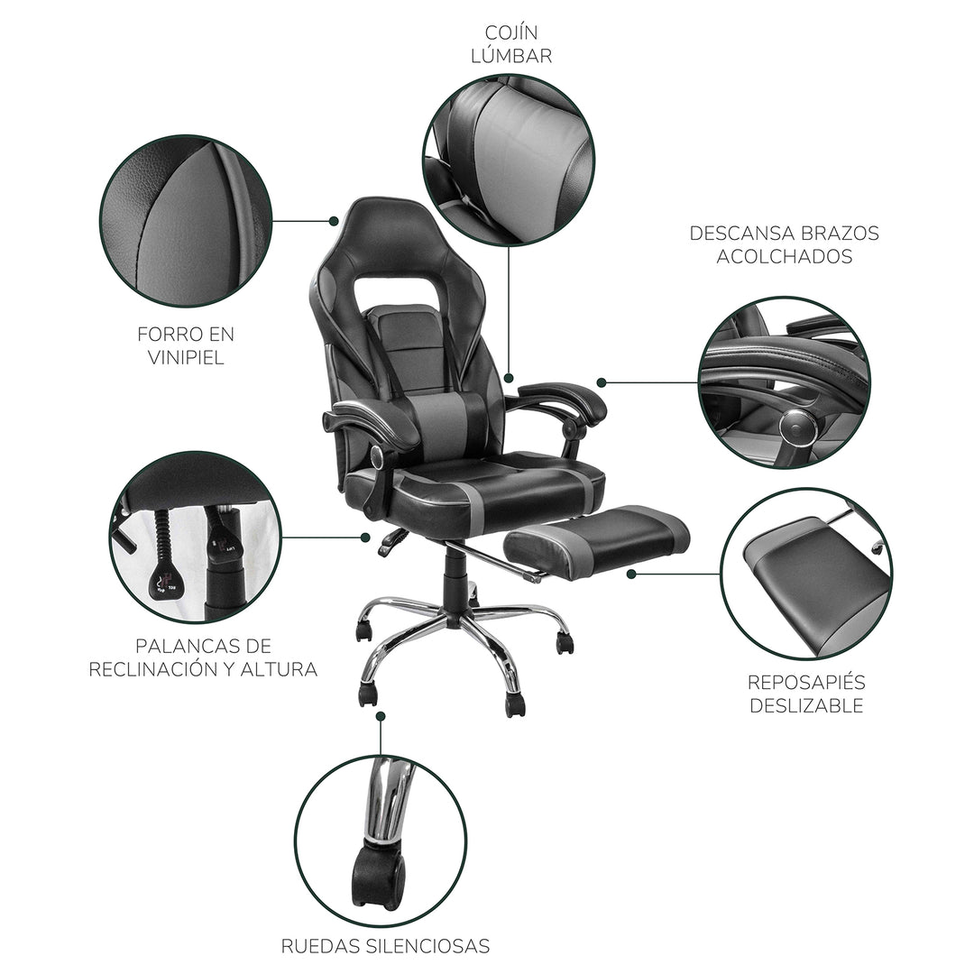 Silla Gamer Samus Reclinable con Descansapies Negra