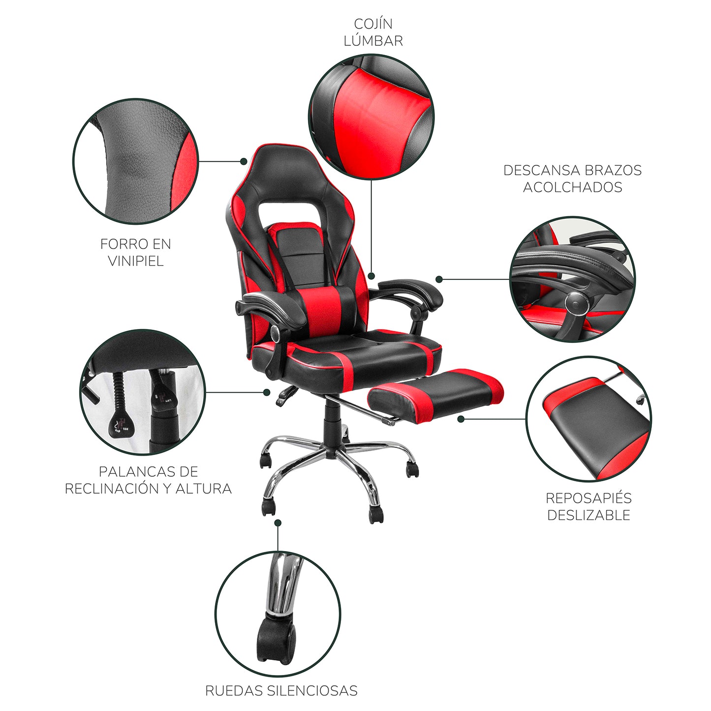 Silla Gamer Samus-Red Reclinable con Descansapies Roja