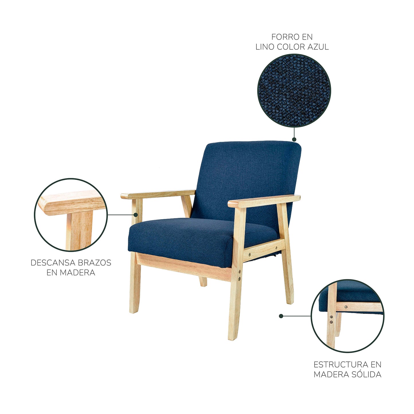 Sillón Individual San Carlos de Madera Tapizado Azul