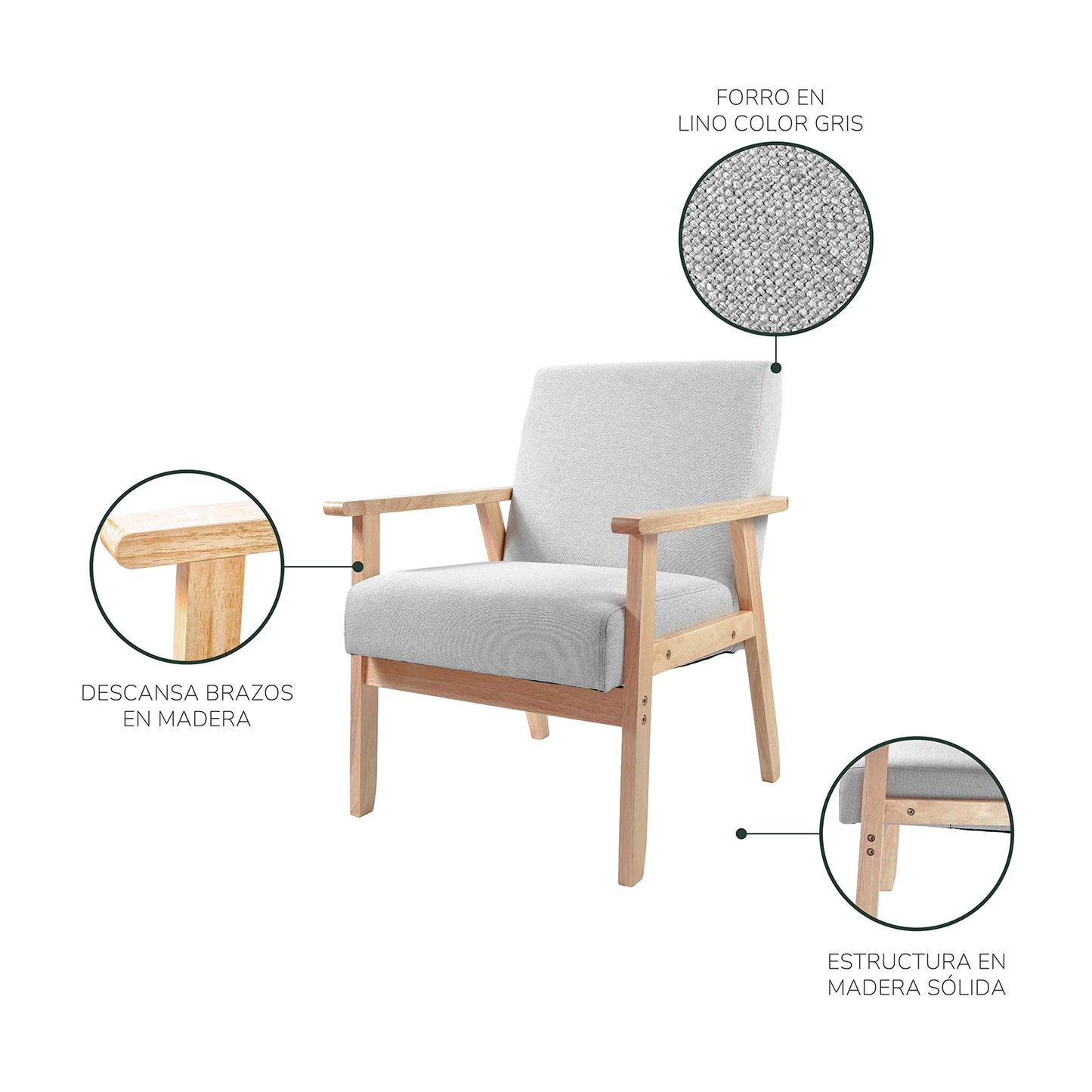 Sillón Individual San Carlos de Madera Tapizado Gris
