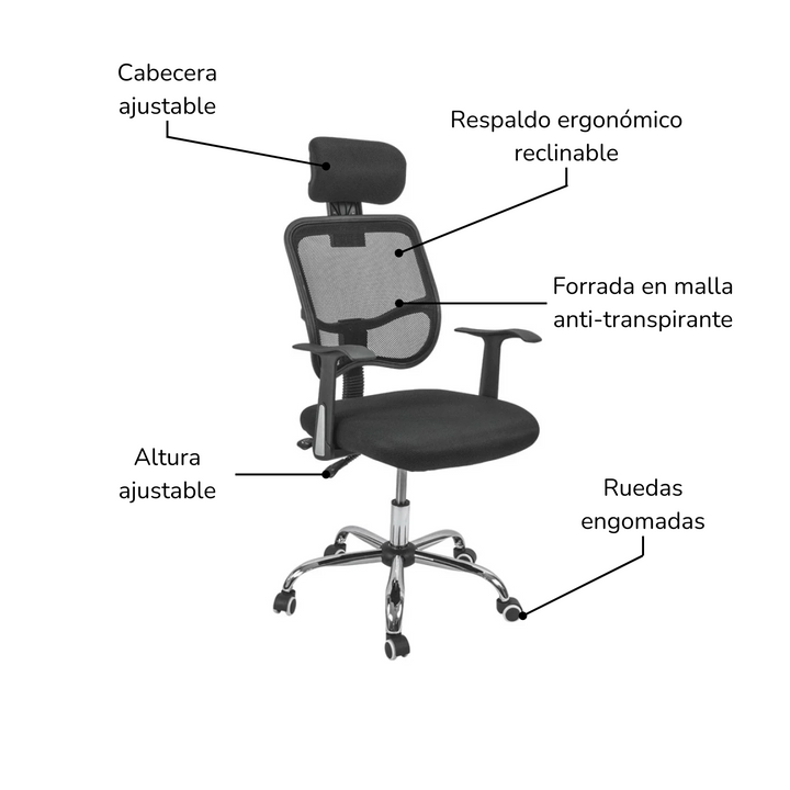 Silla de Oficina Ergonómica con Apoyacabeza Negra