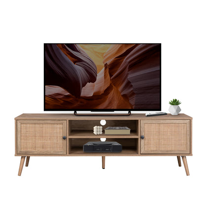 Mueble para TV con Estantes Centrales y Puertas de Ratán