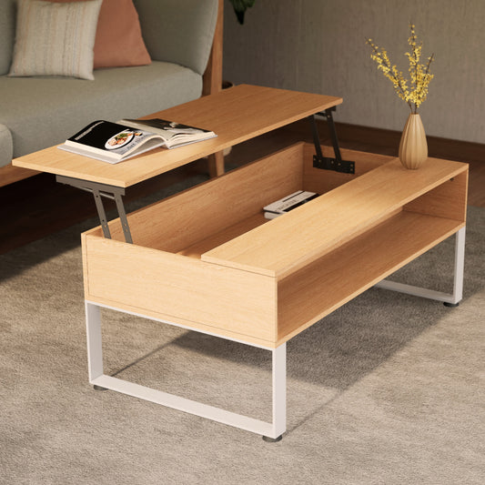 Mesa de Centro Elevable con Compartimento Oculto Café y Blanco