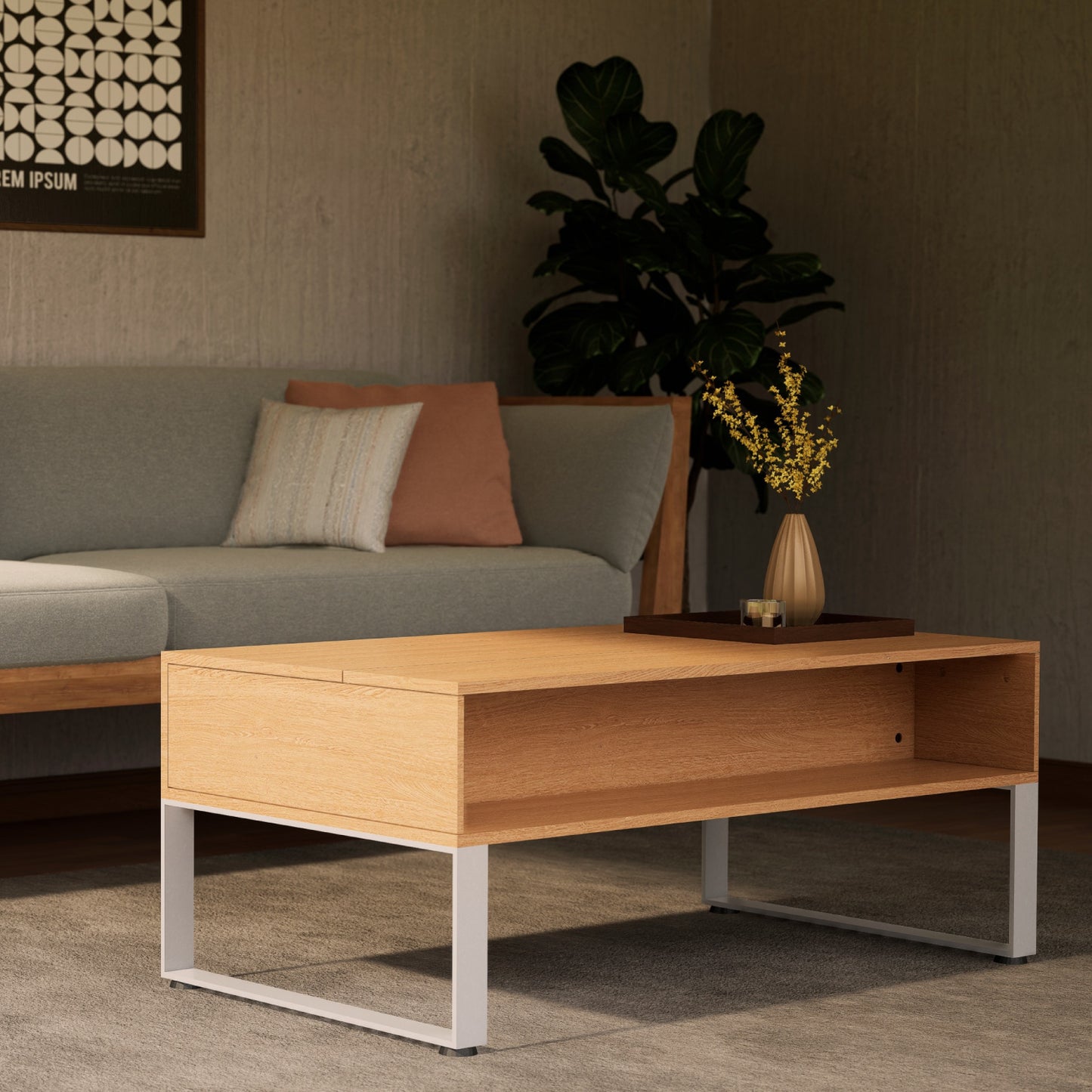 Mesa de Centro Elevable con Compartimento Oculto Café y Blanco